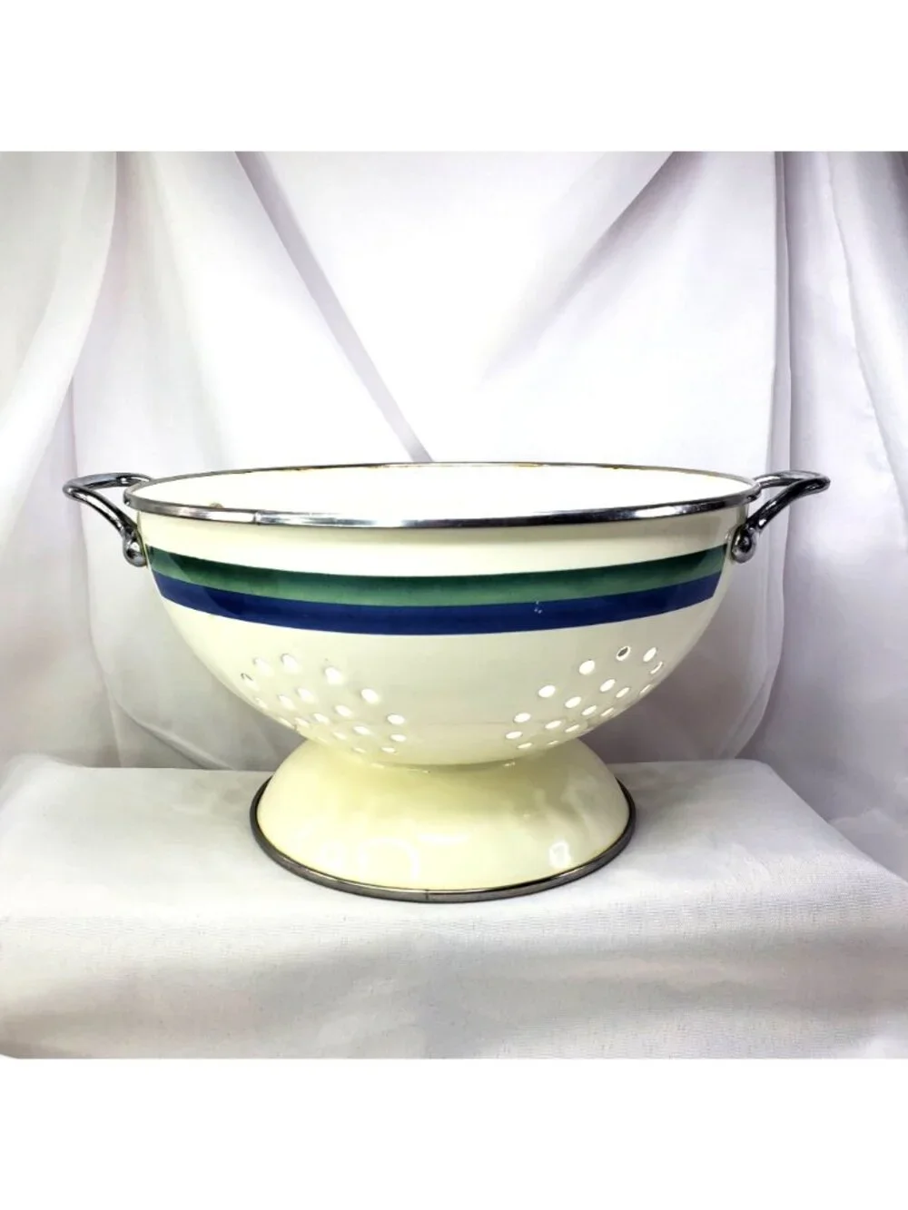 Vintage Pfaltzgraff Metal Enamel Colander Strainer Striped 9